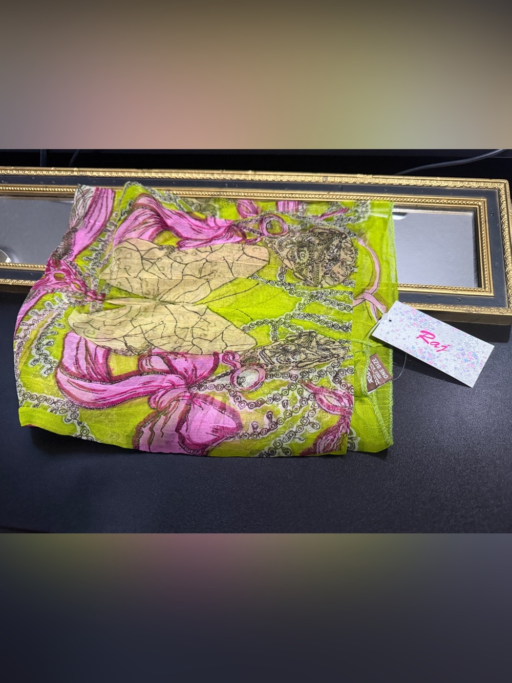 NWT Vintage Y2K Raj Lime Green and Pink 100% Silk Scarf with Ornate Print
